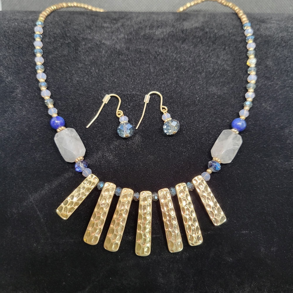 Beautiful Blue & White Bead with Copper Necklace and Earring Set